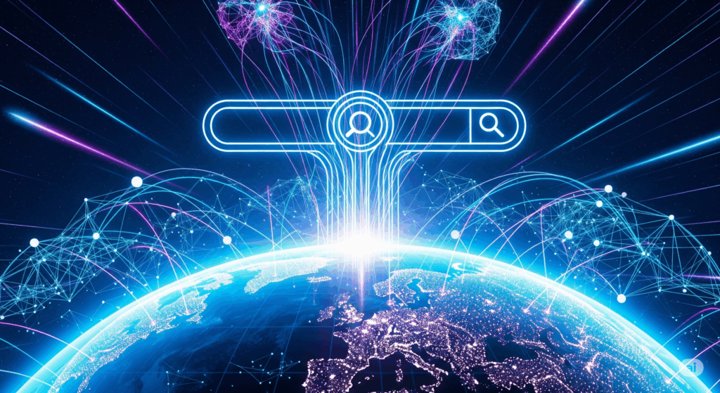 Futuristic digital network with glowing nodes and search bar icon, symbolizing AI-driven search and local SEO, branded for Media Express.