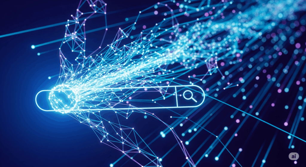 Abstract AI interface with neural network patterns and search icon, representing LLM-driven SEO optimization, branded for Media Express.