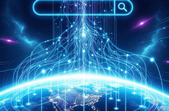 Futuristic digital network with glowing nodes and search bar icon, symbolizing AI-driven search and local SEO, branded for Media Express.