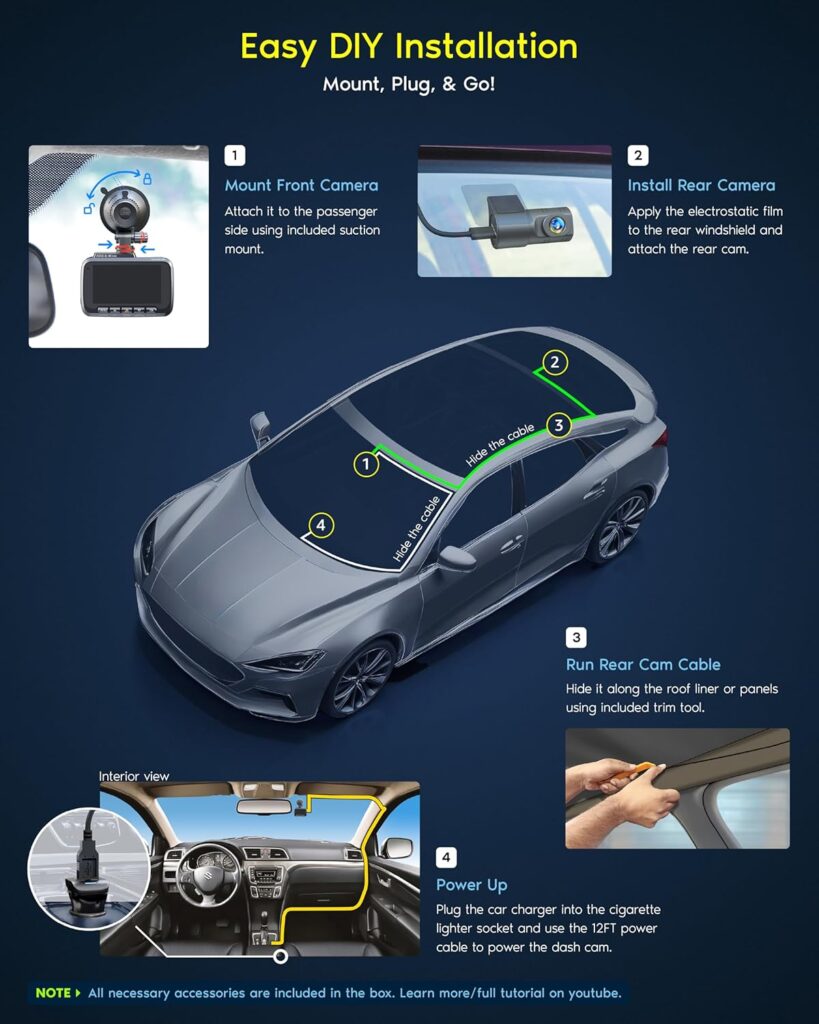 ROVE R2-4K windshield installation with hardwire kit and cable routing