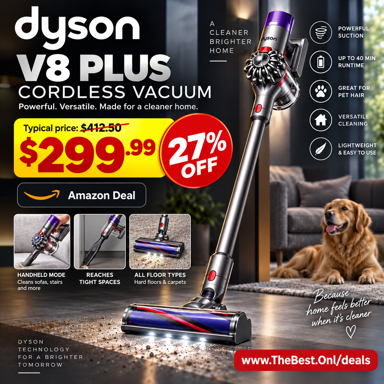 Dyson V8 Plus Cordless Vacuum Silver Nickel Cleans Hard Floors Carpets Detangles Converts Handheld 115AW 2 Power Modes 40 Minutes Runtime Limited Time Deal at 299.99 dollars was 412.50 dollars 27 percent off TheBest Online deals