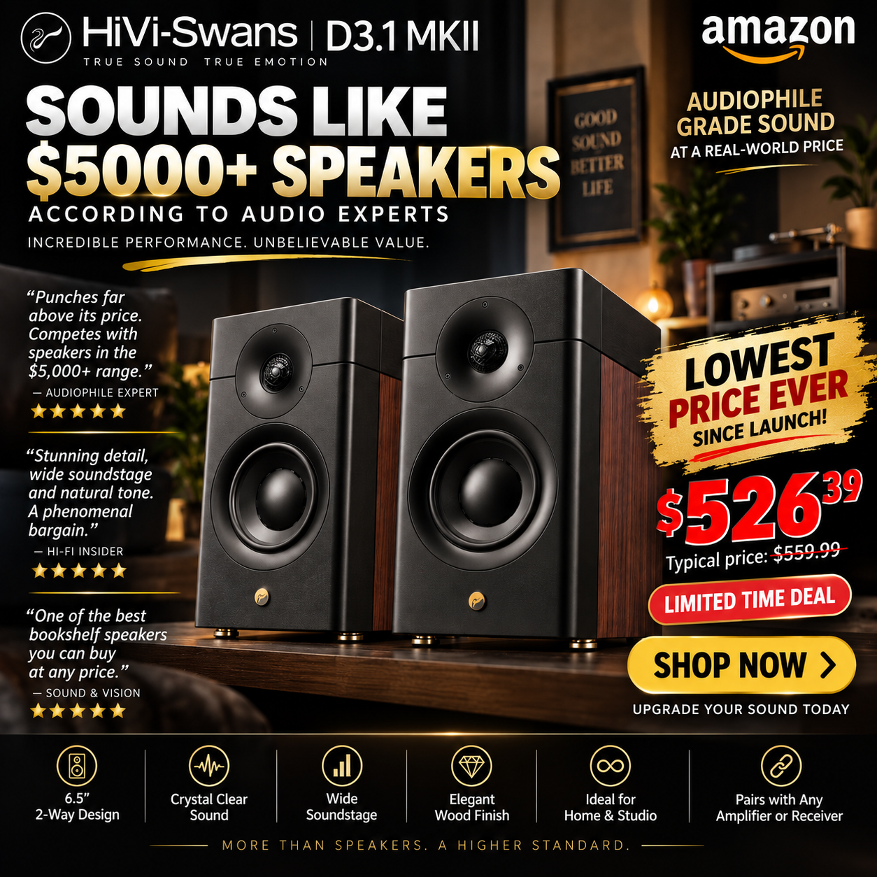 HiVi-Swans D3.1 MKII Passive Bookshelf Speakers 6.5 Inch 2-Way Home Speakers Pair Audiophile Grade Sound Amplifier Receiver Required LOWEST PRICE EVER Since Launch Limited Time Deal at 526 dollars 39 cents typical 559 dollars 99 cents TheBest Online deals