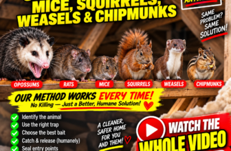 Opossum, rats, mouse, squirrel, weasel and chipmunk in an attic with a humane animal removal checklist and a watch-the-whole-video call to action.