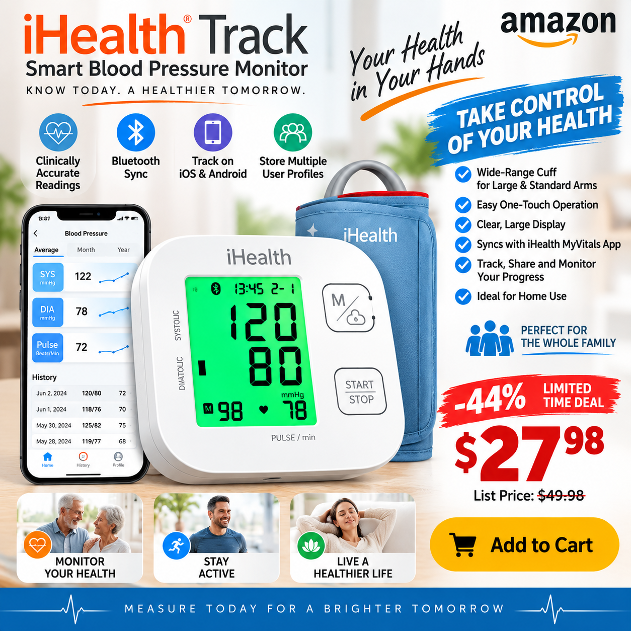 iHealth Track Smart Upper Arm Blood Pressure Monitor Bluetooth iOS Android Wide-Range Cuff Clinically Accurate Readings MyVitals App Multi-User Profiles Family Home Use Limited Time Deal at 27 dollars 98 cents was 49 dollars 98 cents 44 percent off save 22 dollars TheBest Online deals
