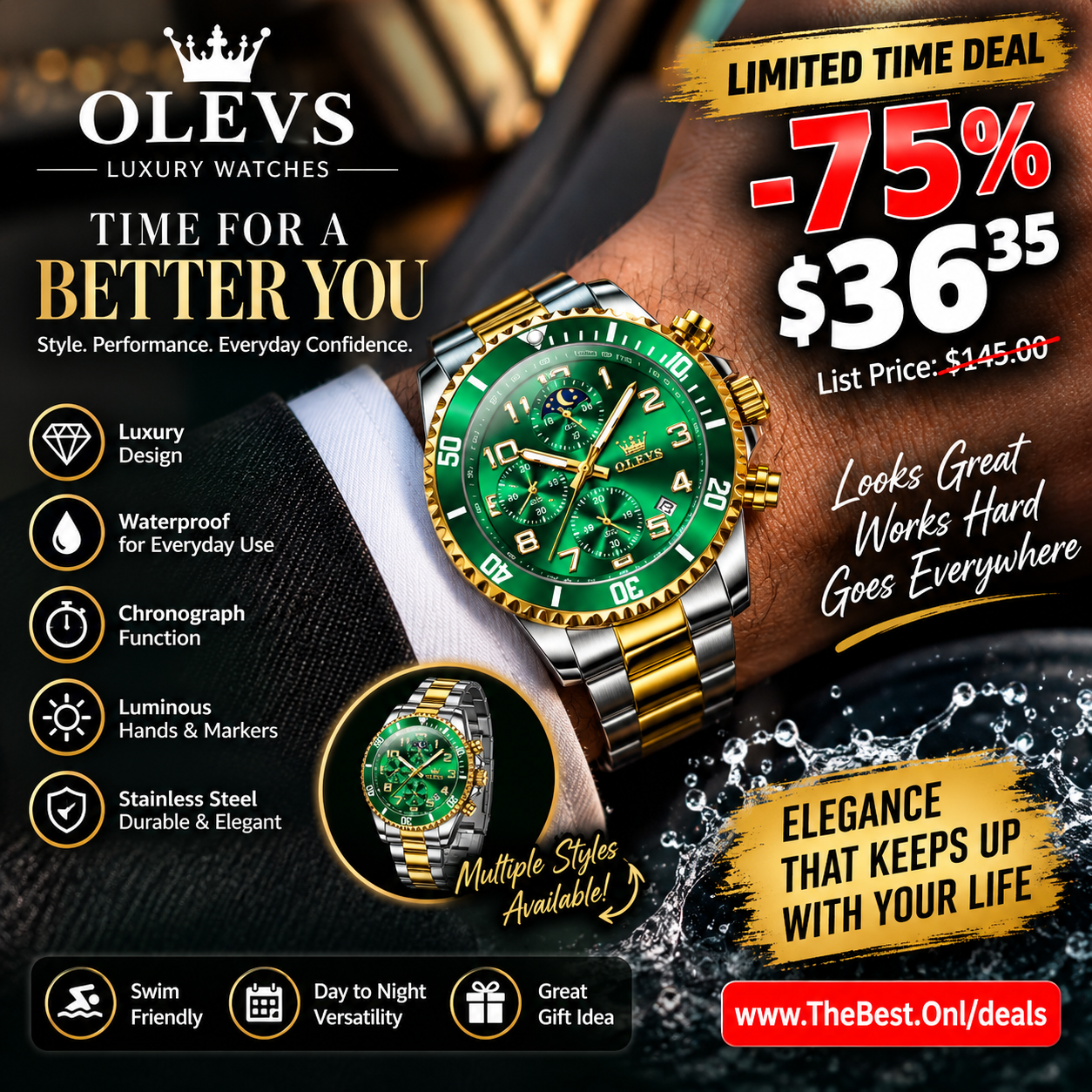 OLEVS Men Watch Green Face Two Tone Chronograph Moon Phase Dress Wristwatch Luxury Analog Quartz Silver Gold Stainless Steel Waterproof Luminous Classic Big Face Limited Time Deal at 36 dollars 35 cents was 145 dollars 75 percent off save 108 dollars TheBest Online deals