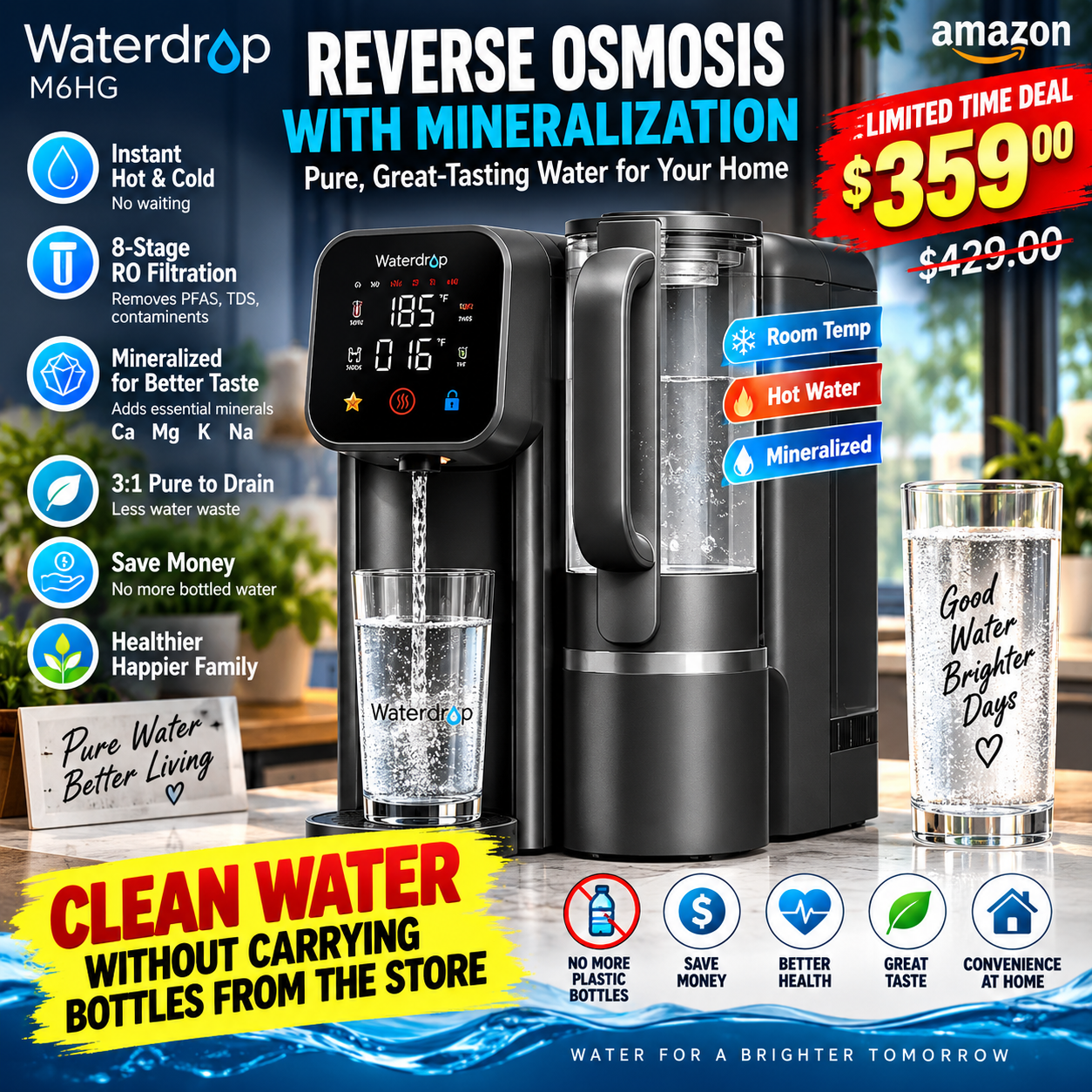 Waterdrop M6HG Instant Hot Countertop Reverse Osmosis RO Water Filter Glass Pitcher 8-Stage Mineralization NSF ANSI 58 Certified PFAS TDS Reduction 3:1 Pure to Drain Plug and Play Renter Friendly Limited Time Deal at 359 dollars was 429 dollars 16 percent off save 70 dollars TheBest Online deals
