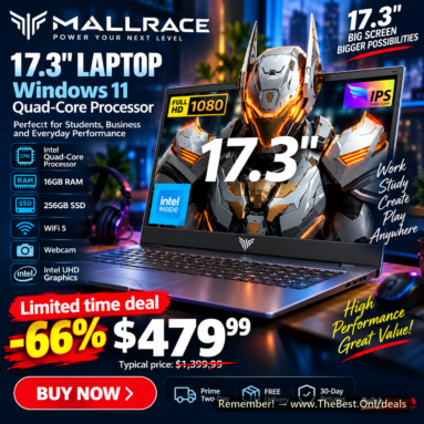 MALLRACE 17.3 Inch Windows 11 Laptop drops to $479.99 (was $1,399.99, -66% OFF Amazon Limited Time Deal)