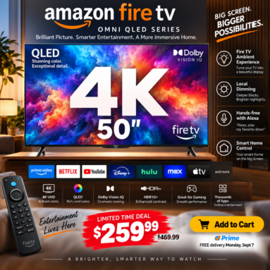 Amazon Fire TV 50″ Omni QLED Smart TV drops to $259.99 (was $469.99, -45% OFF Amazon Limited Time Deal) Polish TV Compatible