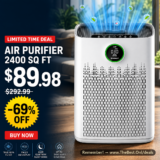 ECOSELF Air Purifier (2400 sq ft, True HEPA) drops to $89.98 (was $292.99, -69% OFF Amazon Limited Time Deal)