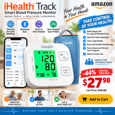 iHealth Track Smart Blood Pressure Monitor drops to $27.98 (was $49.98, -44% OFF Amazon Limited Time Deal)